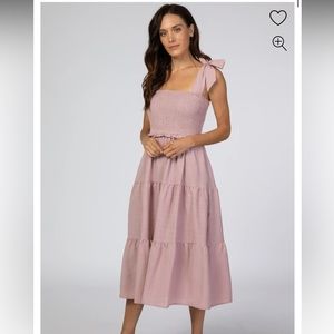 Pink Blush Maternity Mauve Bow Strap Tiered Midi Dress (size small)